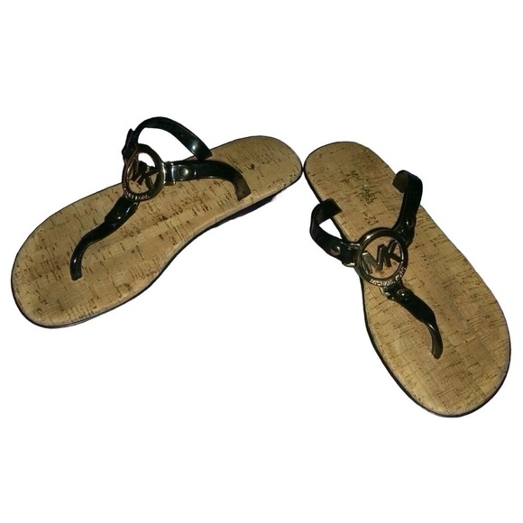 Michael Kors Sandals Black Jelly Gold Logo Thong Cork Slides Summer Beach Travel - Picture 1 of 7